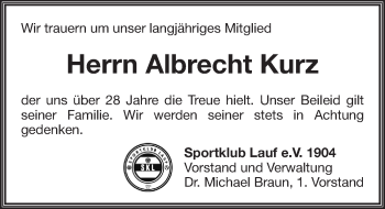 Traueranzeige von Albrecht Kurz von Pegnitz-Zeitung